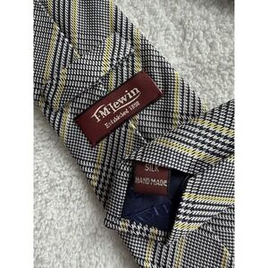 T.M. Lewin	Yellow Navy Blue Houndstooth Check Plaid Hand Made Silk Tie Necktie